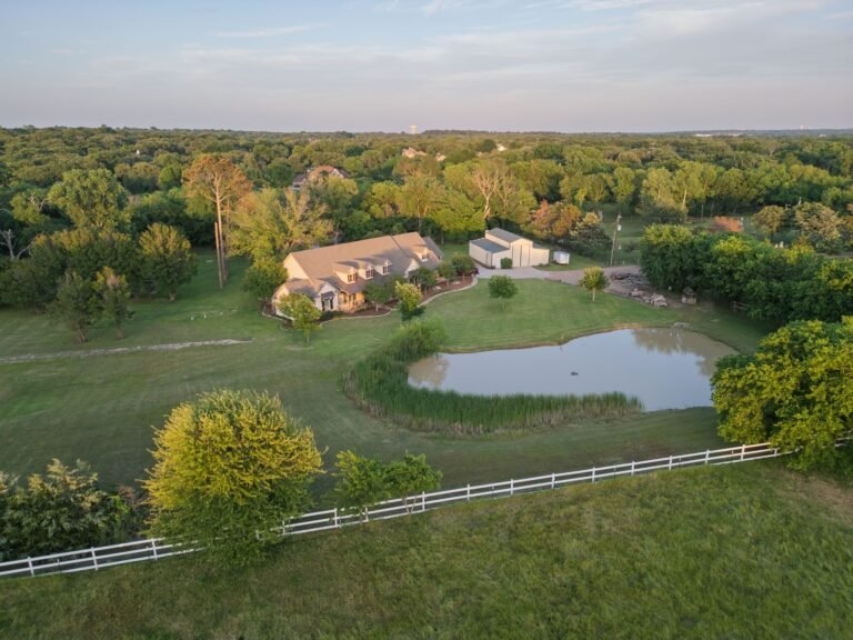 Aerial view of the 4.6-acre property with pond at 1331 Bancroft Road, Keller TX