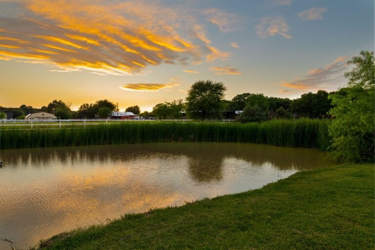 Private pond at sunset at 1331 Bancroft Road, Keller TX
