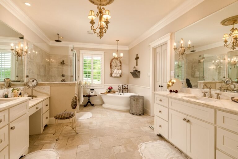 Primary bath with freestanding tub and double vanities at 1331 Bancroft Road, Keller TX