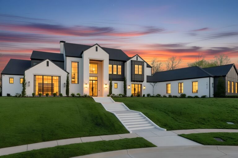 1412 Chelsea Rae Lane, Keller TX, wide twilight view of the home and landscaped front lawn