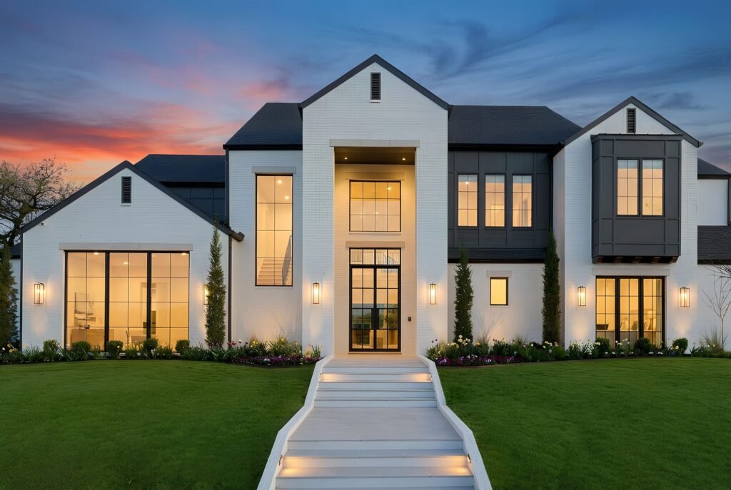 Front of 1412 Chelsea Rae Lane in Keller, TX at twilight, a white contemporary modern custom home with black windows